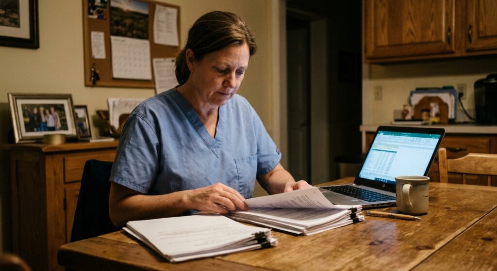 Independent woman veterinarian in scrubs at her home kitchen table in the evening, calmly reading through three separate practice sale offer document packets spread across the table, deciding which path to take