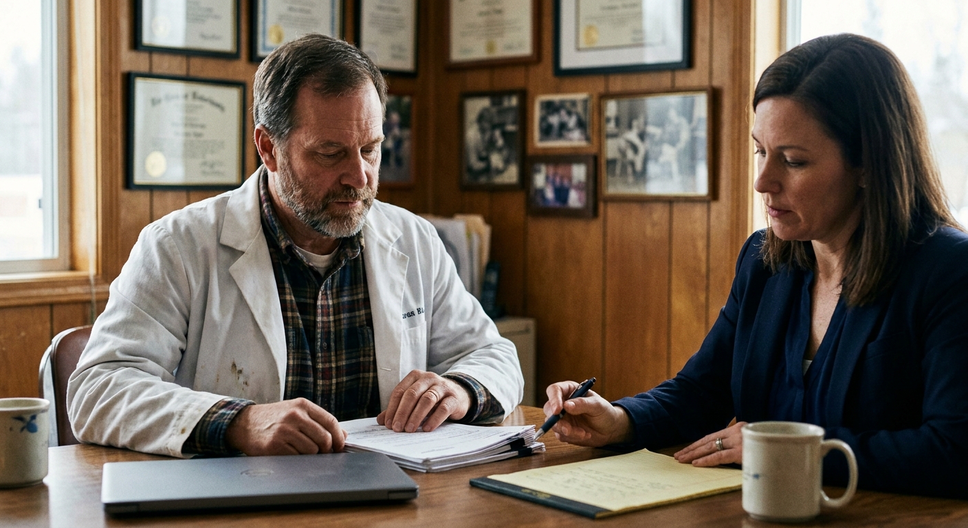 Veterinarian and a sell-side advisor reviewing deal-structure documents together at a table