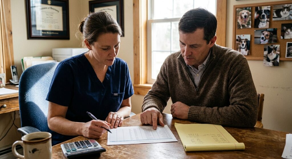 Veterinarian in her forties reviewing a financial spreadsheet with her accountant at a practice office desk while planning the tax structure of a practice sale