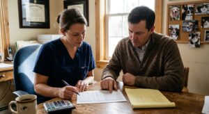 Veterinarian in her forties reviewing a financial spreadsheet with her accountant at a practice office desk while planning the tax structure of a practice sale