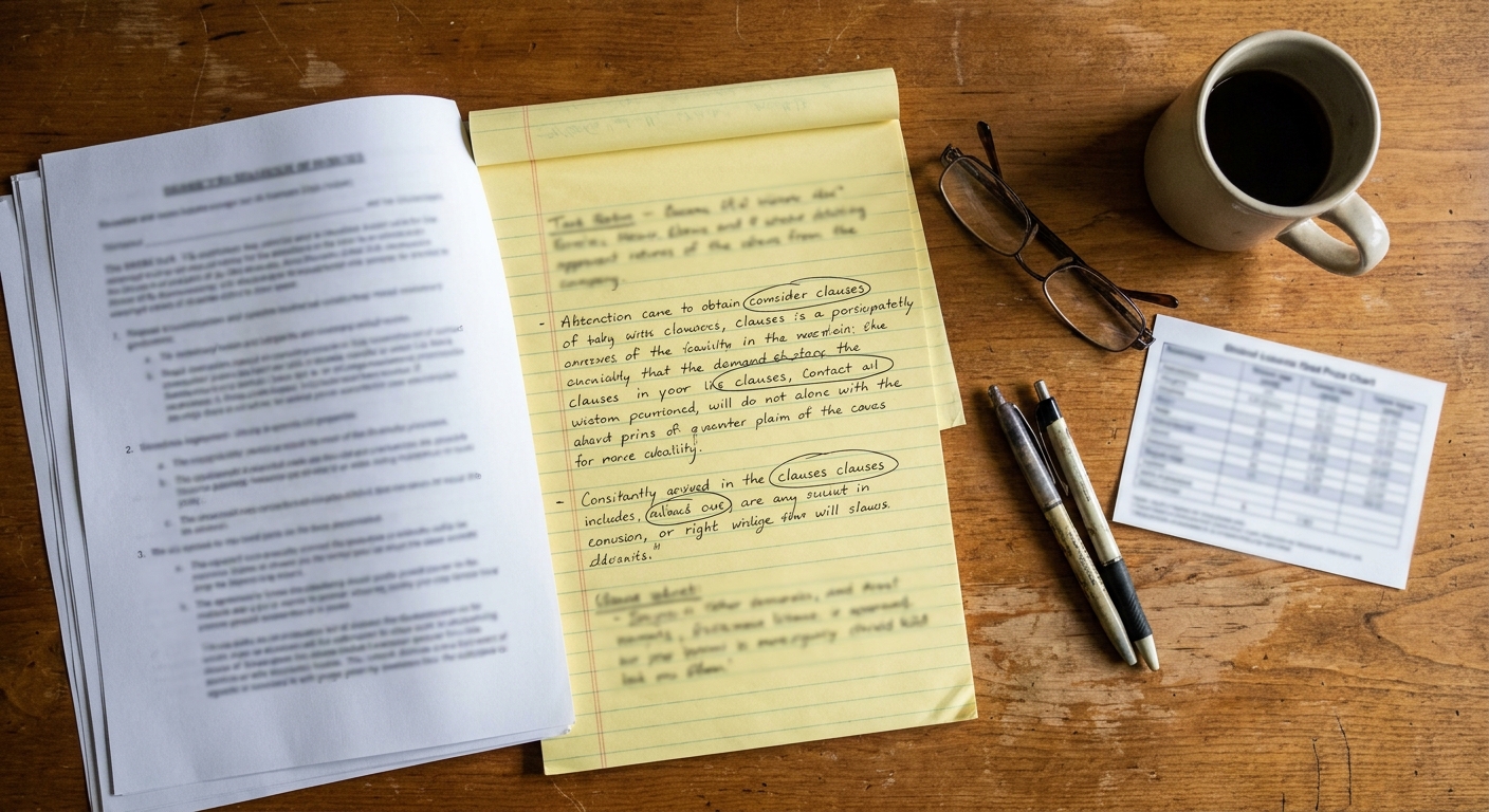 Overhead view of a wooden desk with a multi-page offer document open to a clauses section, a yellow legal pad with handwritten margin notes circling specific clauses, reading glasses, two pens, a ceramic mug of coffee, and a brand-transition comparison chart
