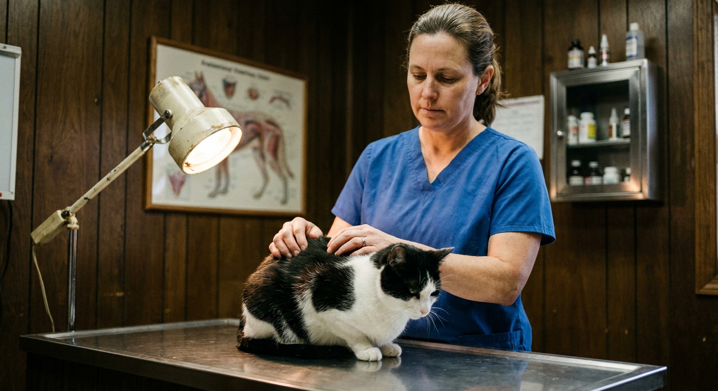 A woman veterinarian in scrubs in her independent practice's exam room, gently examining a calm black-and-white domestic shorthair cat on a stainless-steel exam table, feeling along the cat's spine with both hands