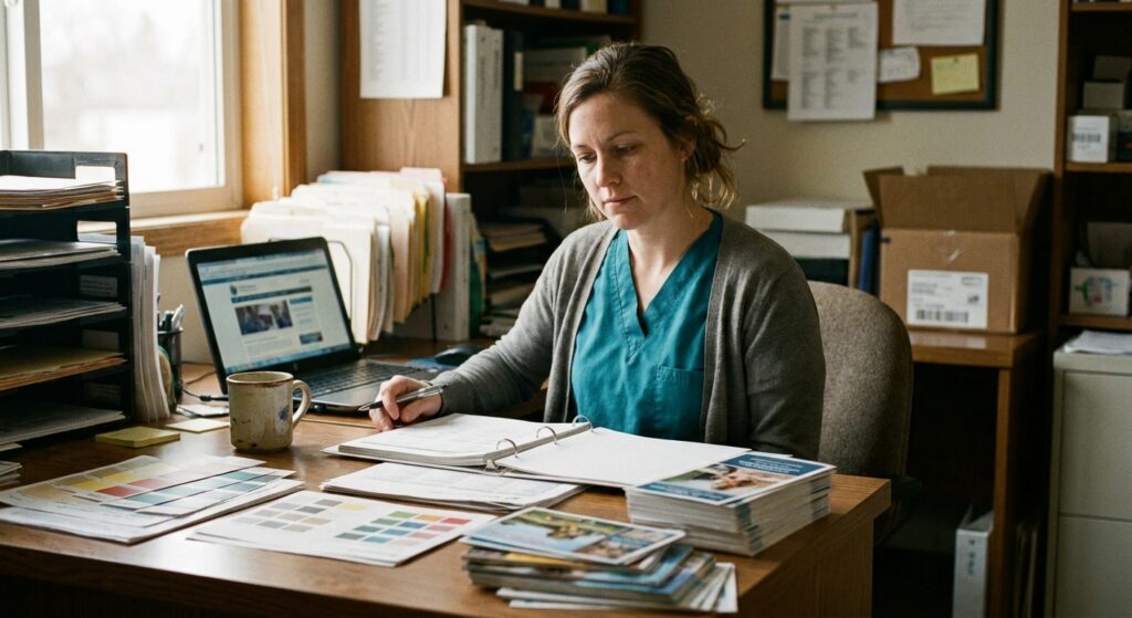 Woman veterinarian in teal scrubs and a light gray cardigan at her practice marketing and communications desk, reviewing a printed brand-style guide alongside her practice marketing materials