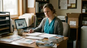 Woman veterinarian in teal scrubs and a light gray cardigan at her practice marketing and communications desk, reviewing a printed brand-style guide alongside her practice marketing materials