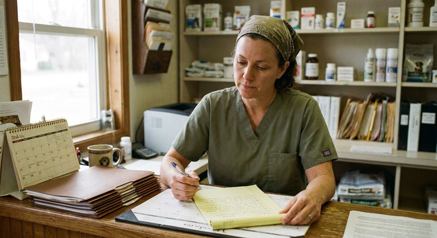 Veterinarian reviewing a practice sale timeline on a yellow legal pad at the front desk of a small-animal hospital, calendar and financial folders beside her