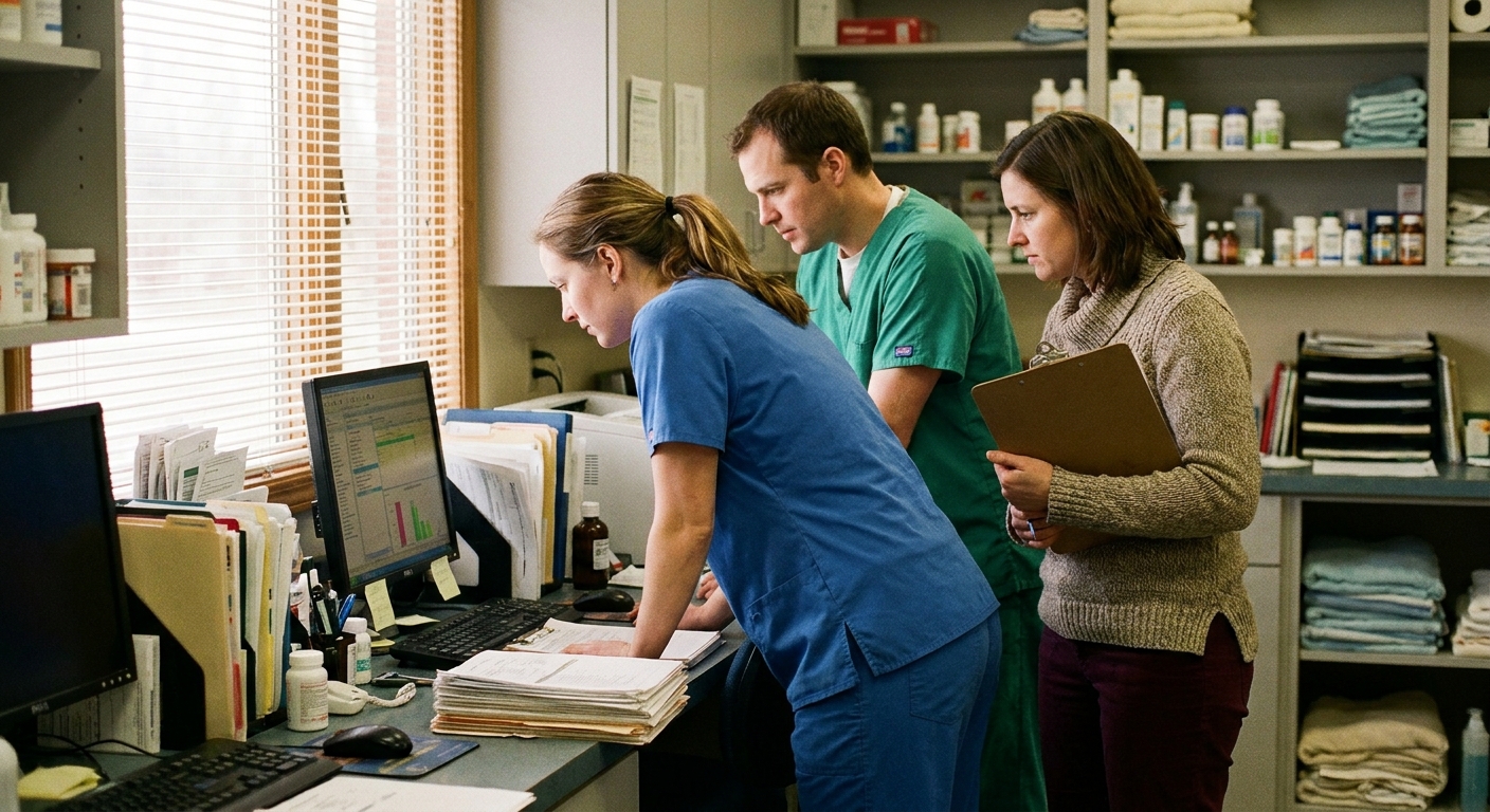 Two associate veterinarians and a practice manager reviewing patient charts together in a well-run animal hospital, signaling a practice that runs without the owner
