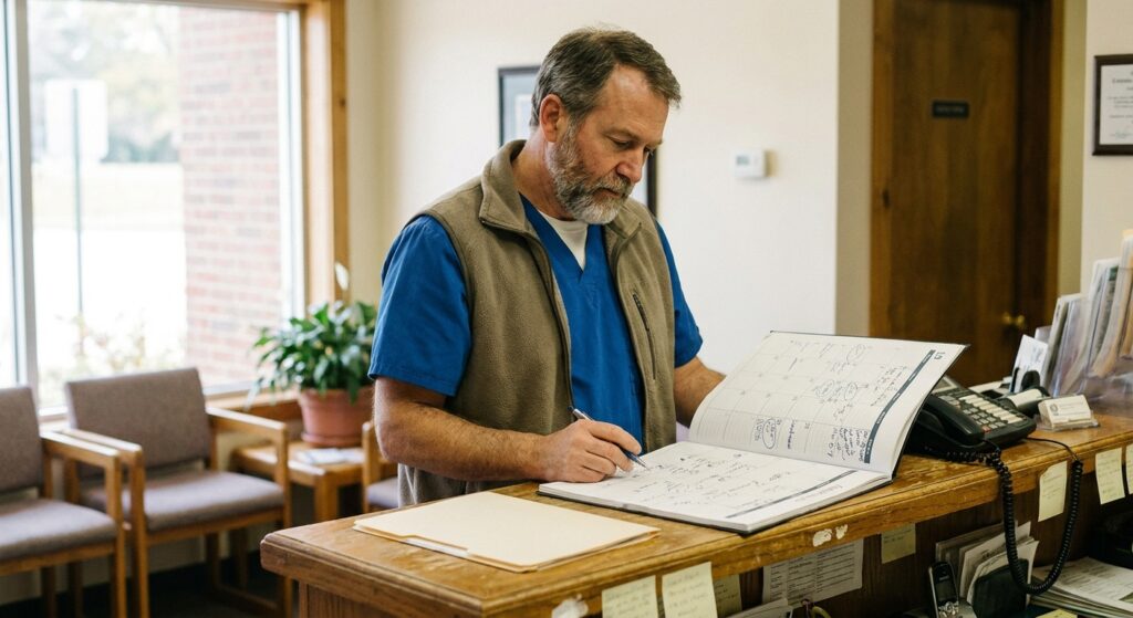 Veterinarian at the reception counter marking months on a desk calendar as he plans the timeline to sell