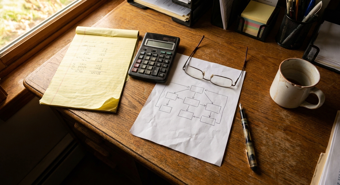 OVERHEAD top-down view of a wooden desk: an equity-rollover term sheet with a share-class structure diagram (boxes and arrows, visible structure but NO