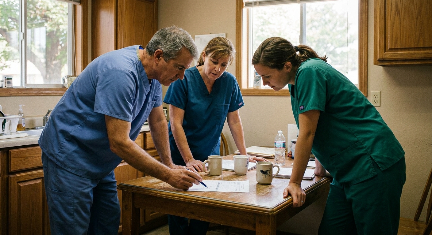 Three veterinarians (a man in his fifties, a woman in her forties, a woman in her thirties), all in scrubs, seated around a small round wooden table in a