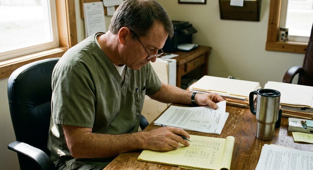 A man veterinarian in his early fifties wearing olive-green scrubs, seated at his office desk reading a stapled equity-rollover document carefully. One