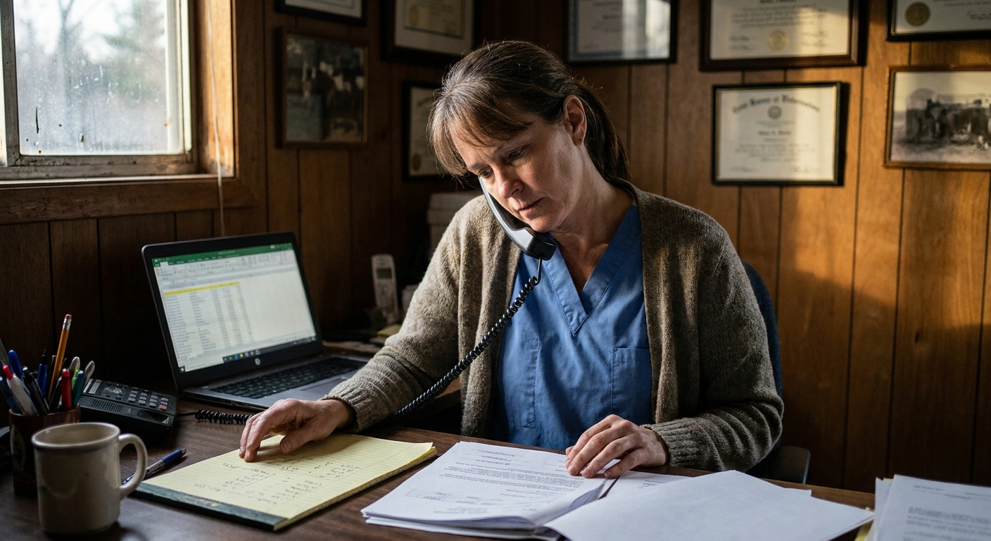 Independent veterinarian on her back-office phone with her sell-side advisor, reviewing a printed VCA acquisition offer document, laptop showing a valuation comparison spreadsheet, yellow legal pad with handwritten notes