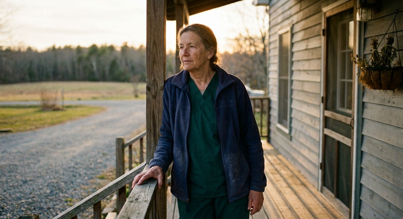 Senior veterinarian standing on her independent practice porch at golden hour, contemplating the brand-handling decision in a potential VCA acquisition, looking out toward the gravel driveway and farmland