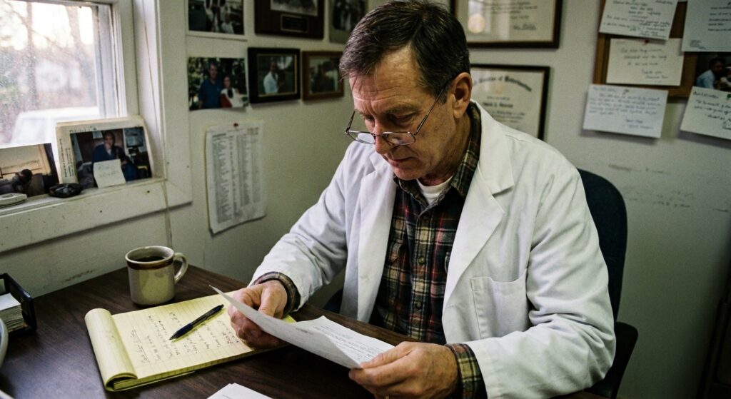 Veterinarian in flannel and white lab coat at his small office desk reading a printed VCA acquisition offer document, with a yellow legal pad of handwritten notes and tea beside him