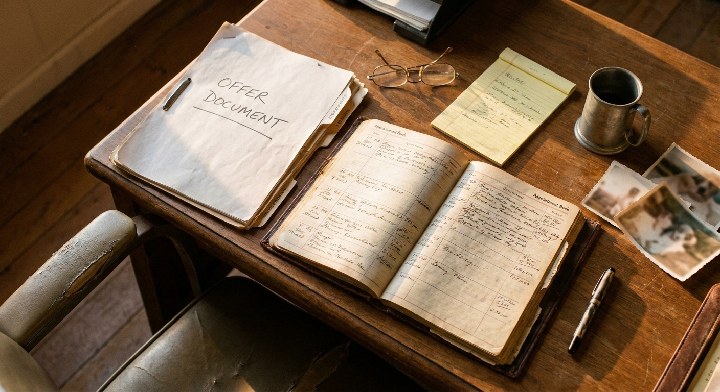 OVERHEAD top-down view of a senior veterinarian's wooden desk with a stapled offer document, leather-bound appointment book with decades of entries, worn photographs, a yellow legal pad with valuation notes, wire-rimmed reading glasses, a pewter coffee mug, and a fountain pen