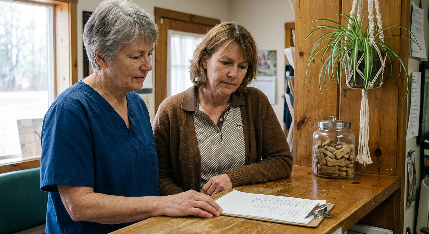 A senior woman veterinarian and her long-tenured practice manager standing together at the front reception counter of their independent veterinary practice, looking down at the day's appointment list together