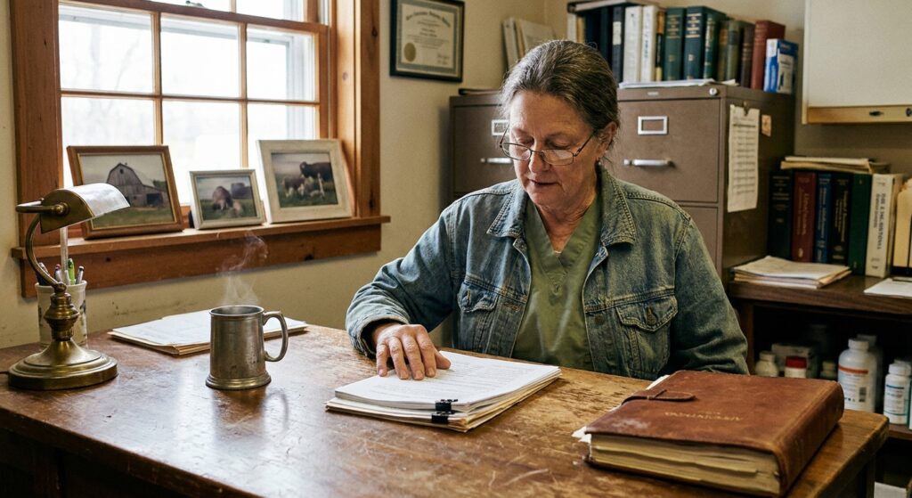 Senior veterinarian in olive scrubs and faded denim jacket at her wooden back-office desk reviewing a stapled multi-page offer document, reading glasses on the page, decades-old framed photographs visible in soft focus