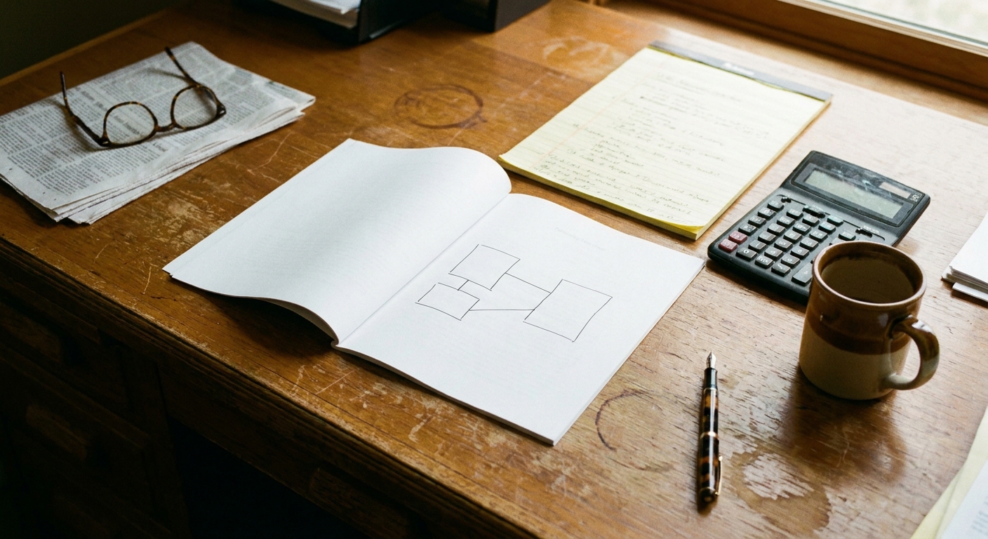 OVERHEAD top-down view of a wooden desk: a joint-venture partnership term sheet open to a page showing a partnership equity-split diagram (two connected