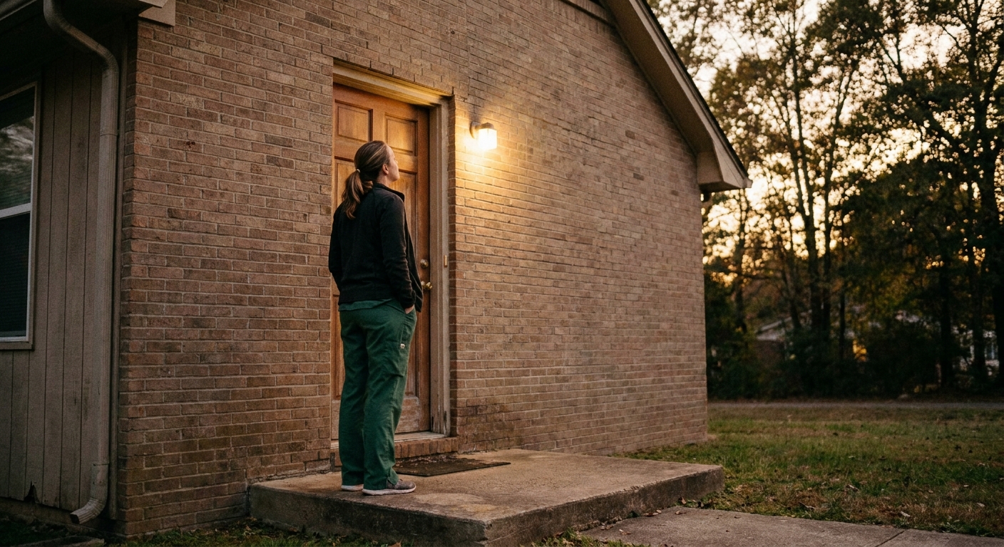 A woman veterinarian in forest-green scrubs (late forties) standing on the front step of her practice at dusk, turned away from the camera, looking up at