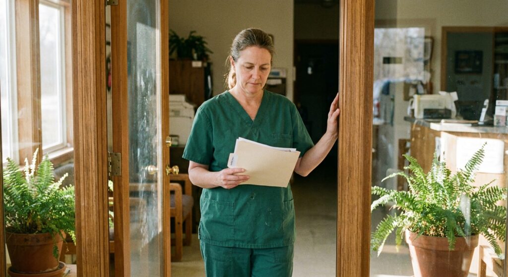 A woman veterinarian in her late forties wearing forest-green scrubs, pausing at the open front entrance of her independent practice in the morning, one