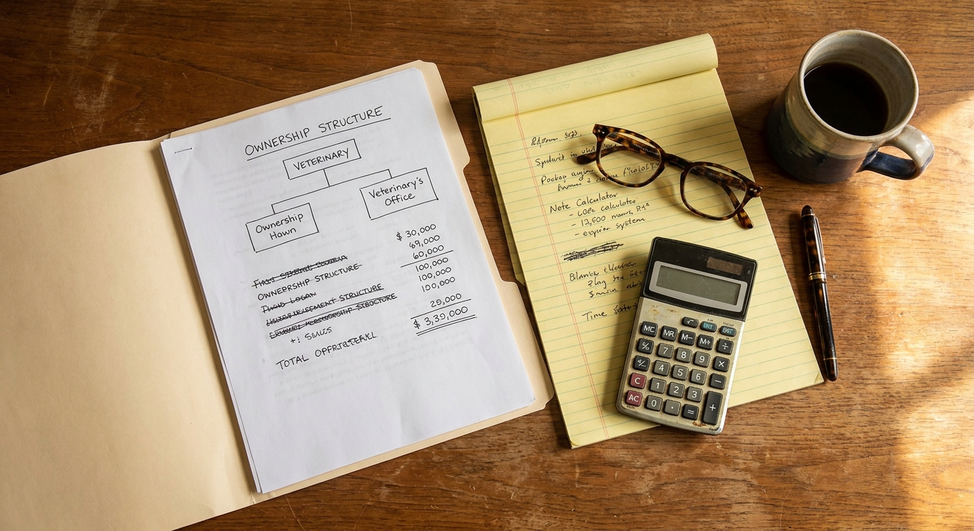OVERHEAD top-down view of a wooden desk: a co-ownership joint-venture term sheet open to a page with a two-box ownership diagram (one larger box, one