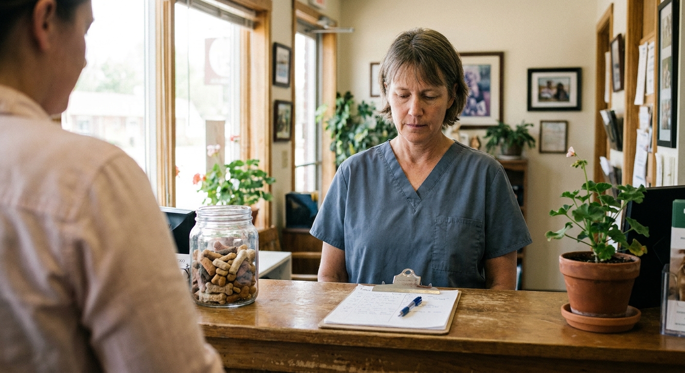 A woman veterinarian in slate-blue scrubs (early fifties) standing behind the wooden reception counter of her own practice during a busy midmorning,