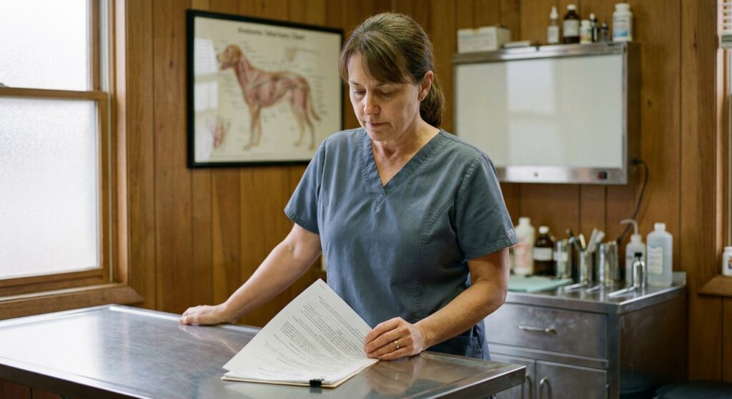 A woman veterinarian in her early fifties wearing slate-blue scrubs, standing in her own exam room holding a stapled co-ownership term sheet, reading the