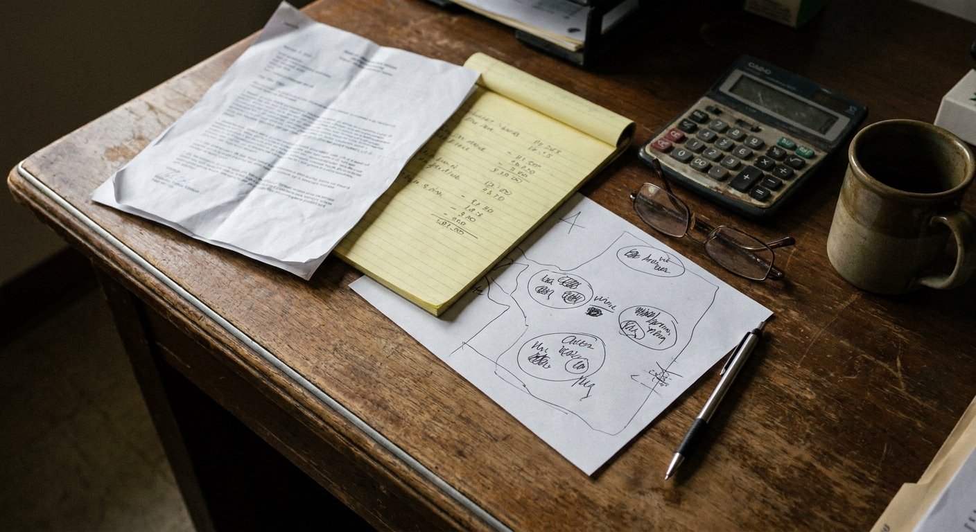 OVERHEAD top-down view of a wooden desk: a stapled offer document, a yellow legal pad with handwritten EBITDA math, a hand-sketched map of clustered US