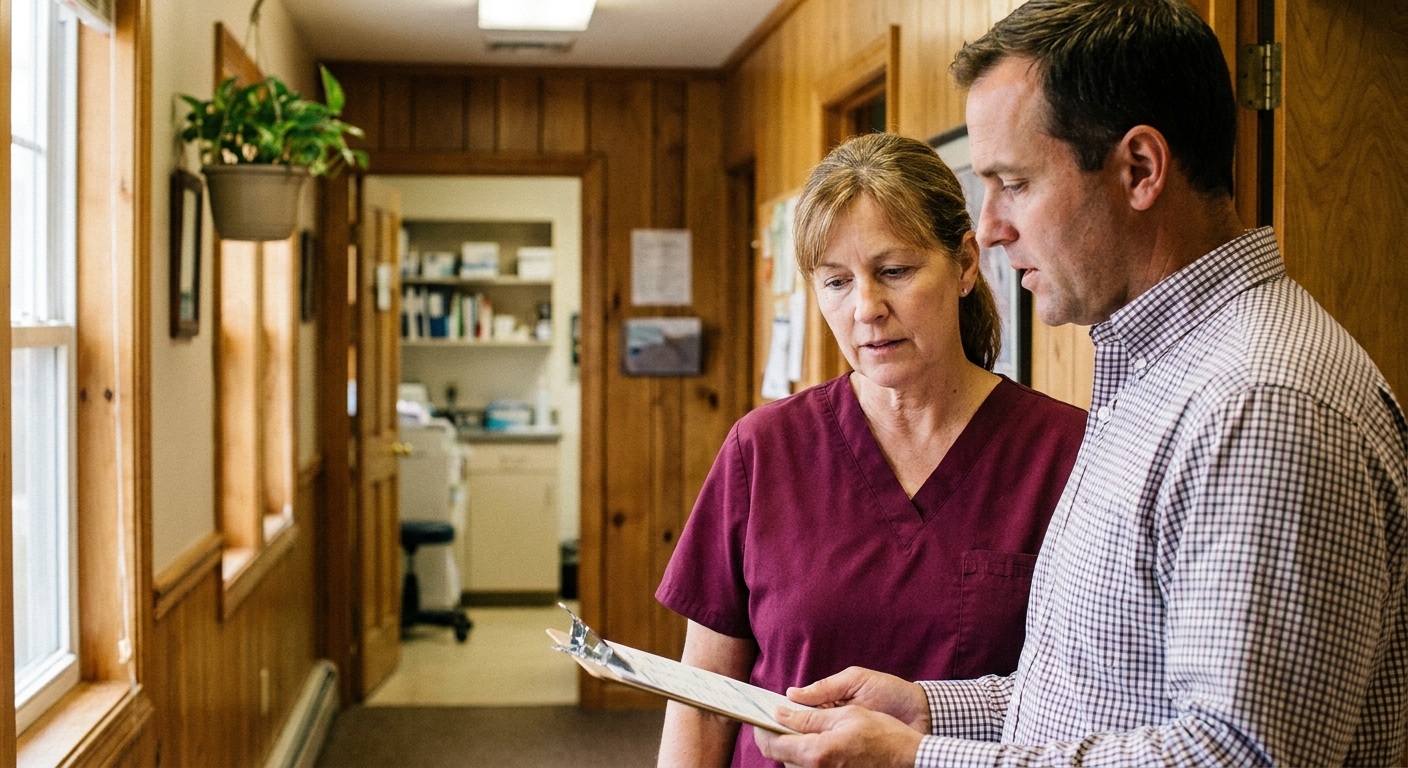 A woman veterinarian in burgundy scrubs (early fifties) and a regional operations liaison (a man in his forties in a casual button-down) standing together