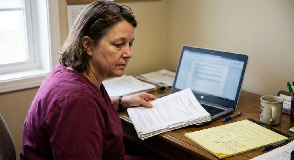 A woman veterinarian in her early fifties wearing burgundy scrubs, seated at a tidy back-office desk reviewing a stapled multi-page acquisition offer. Her
