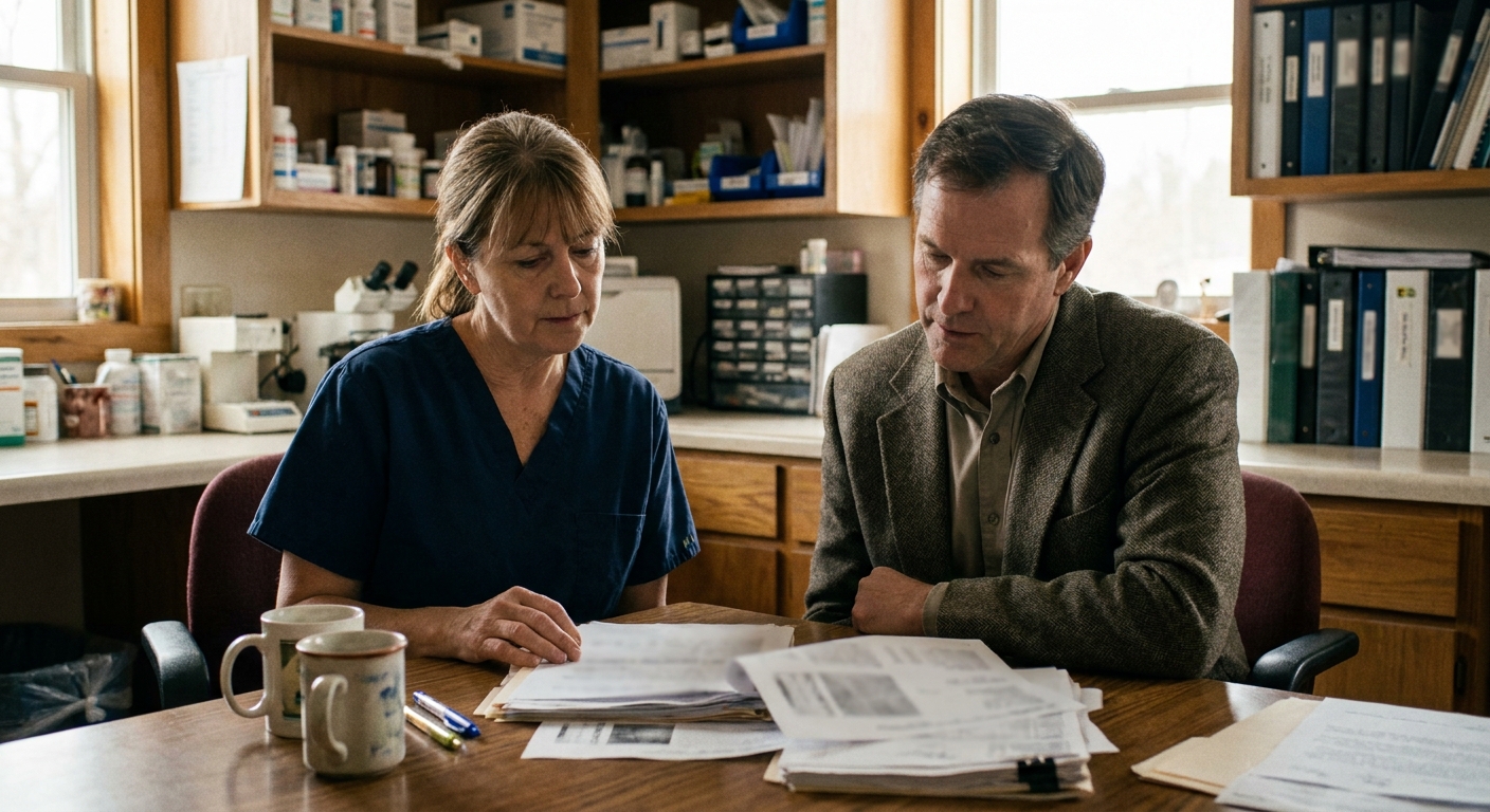 A veterinarian and a sell-side advisor at a table reviewing a printed add-back schedule alongside profit-and-loss statements, both looking down at the documents in natural light