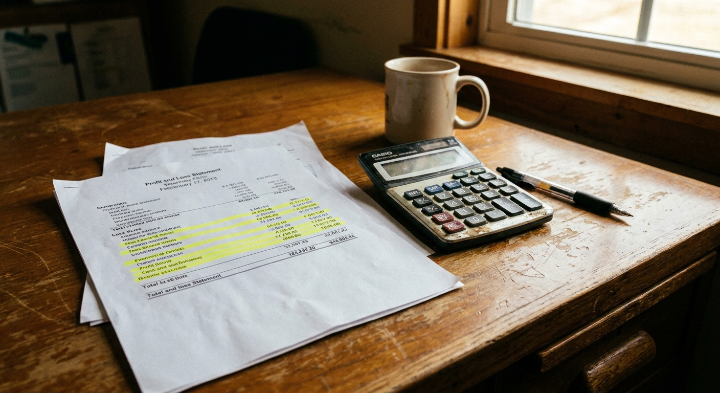A close-up of a veterinary practice profit-and-loss statement on a desk with a calculator and a highlighter marking expense lines, natural light, no people