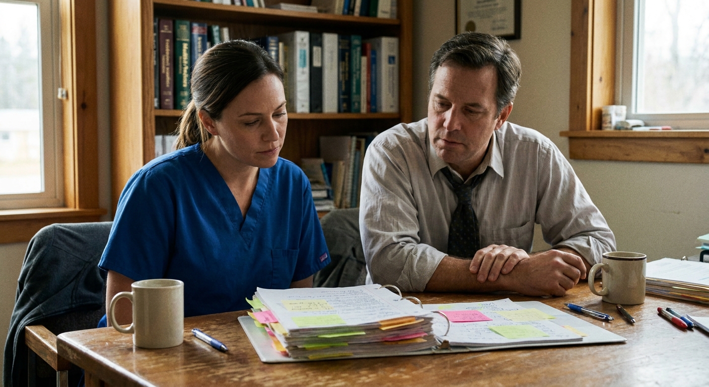 A veterinarian and an attorney reviewing a thick marked-up purchase agreement covered in sticky tabs at a table, looking down at the pages in natural light