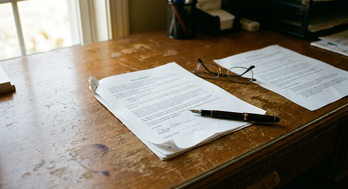 A close-up of a signature page and a pen resting on a definitive purchase agreement, soft natural light, unposed