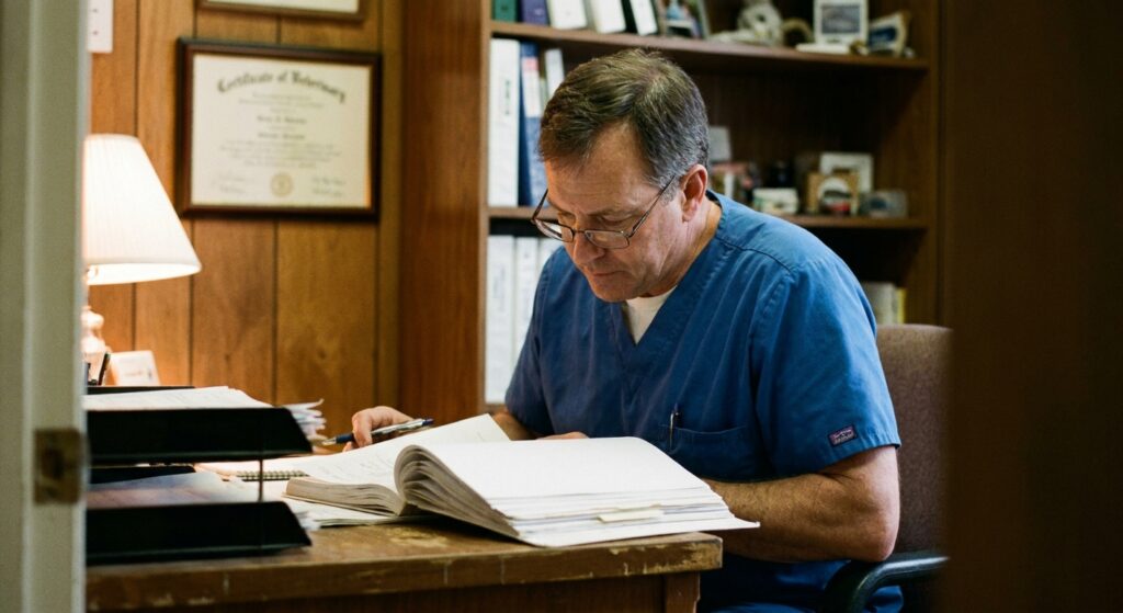 Veterinarian reading a thick purchase agreement at the office desk