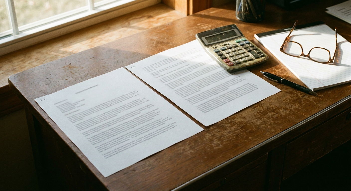 Close-up of veterinary practice sale documents, a calculator, and a pen on a desk, captured candidly in warm natural light