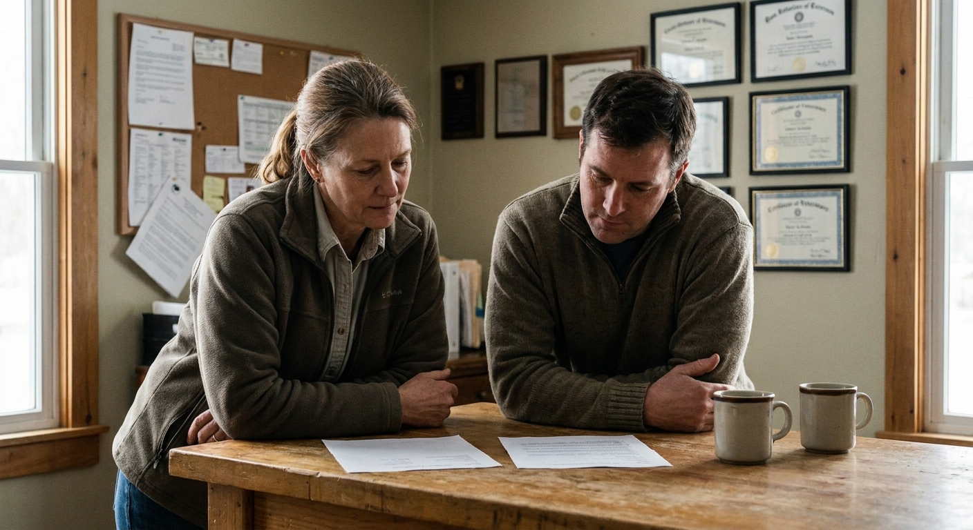 A veterinary practice owner and an advisor reviewing a draft letter of intent together at a kitchen table, the term sheet between them, warm evening light through a window