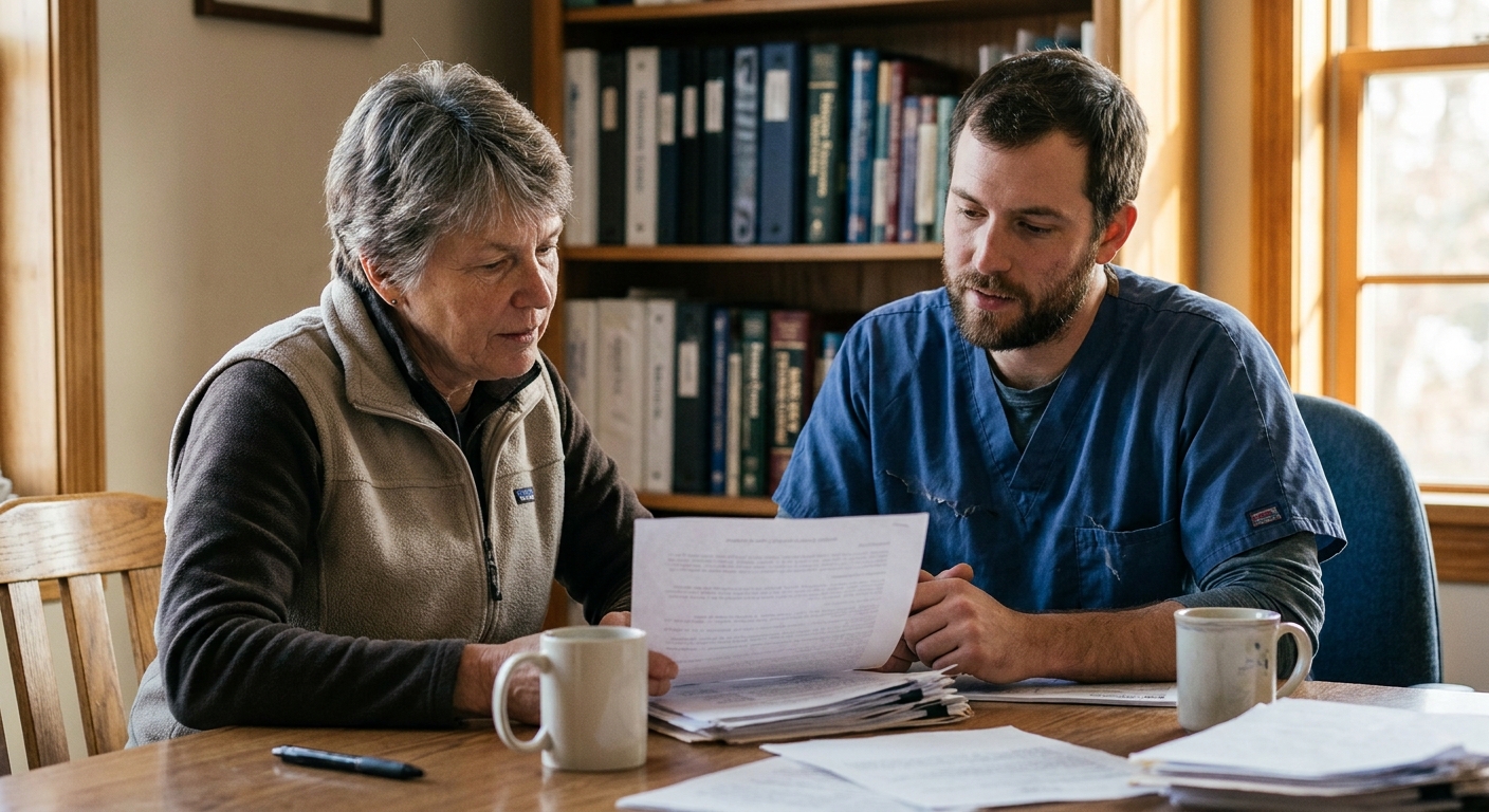 A senior veterinarian and a younger associate veterinarian seated at a table reviewing a printed buy-in agreement, pens and a laptop between them, looking down at the pages
