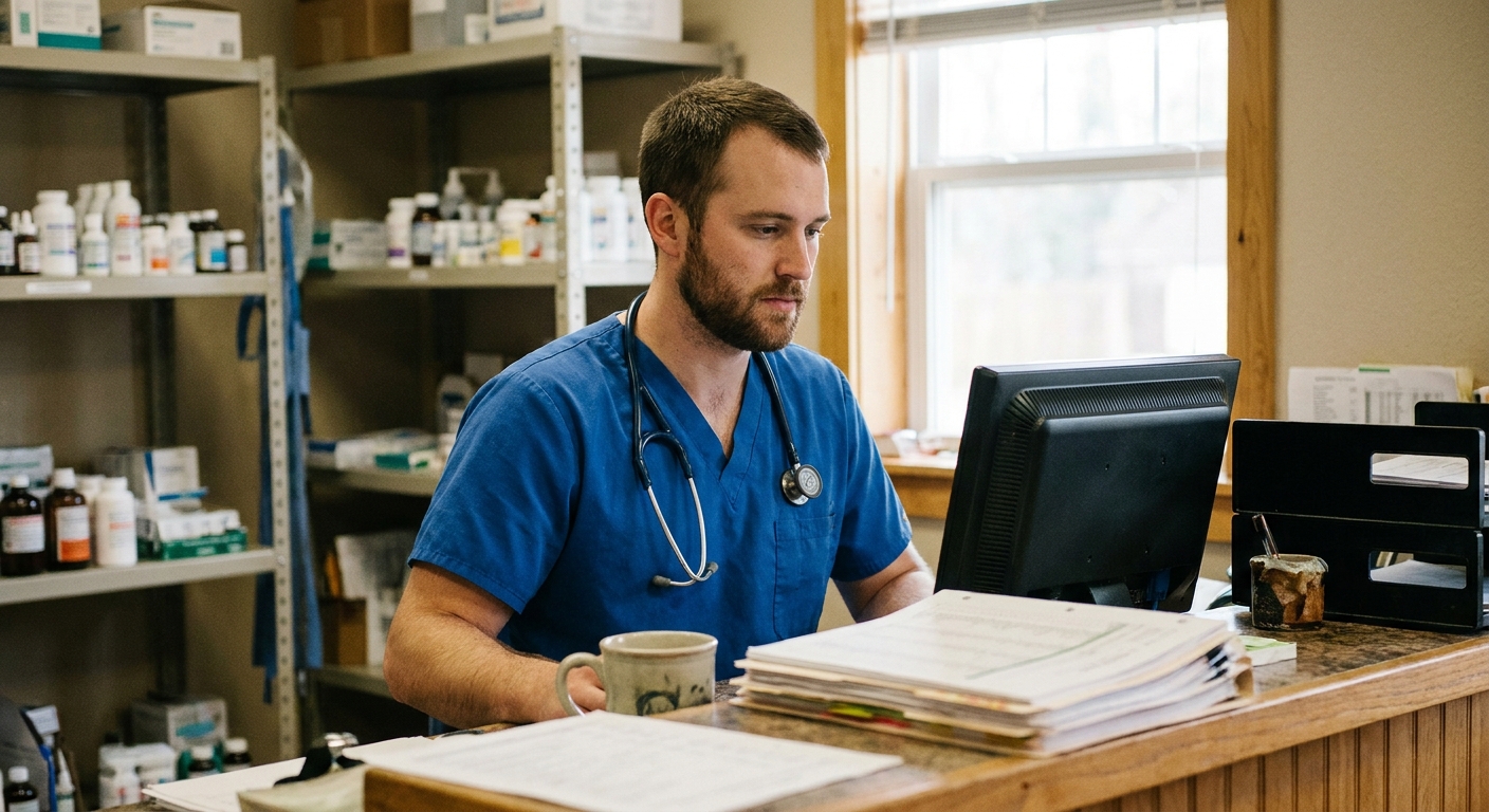 An associate veterinarian working independently in the treatment area of the practice, focused on a patient chart, the clinic busy and lived-in around her
