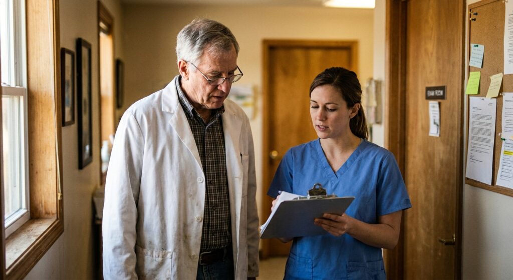 Senior owner veterinarian and a younger associate reviewing a patient chart in the clinic hallway