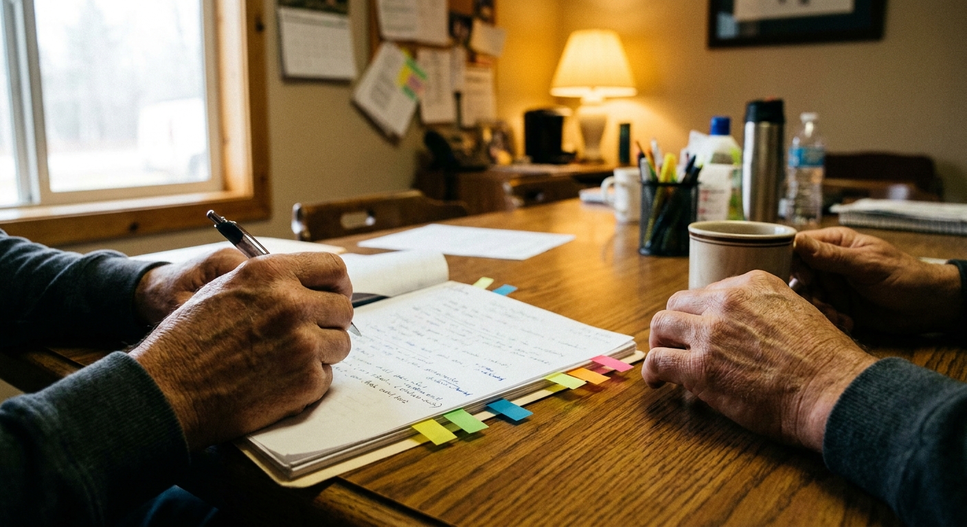 A veterinary practice owner and her sell-side advisor reviewing a written offer at a conference table, both looking down at the document — candid frame, natural light, papers spread across the table