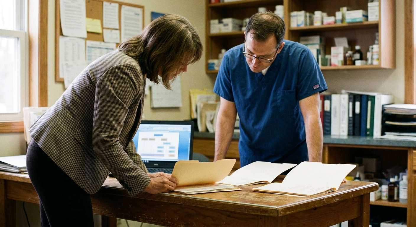 A side-by-side comparison workspace with two stacks of paperwork on a clinic desk, a broker listing on one side and a competitive-process bid folder on the other, candid natural light