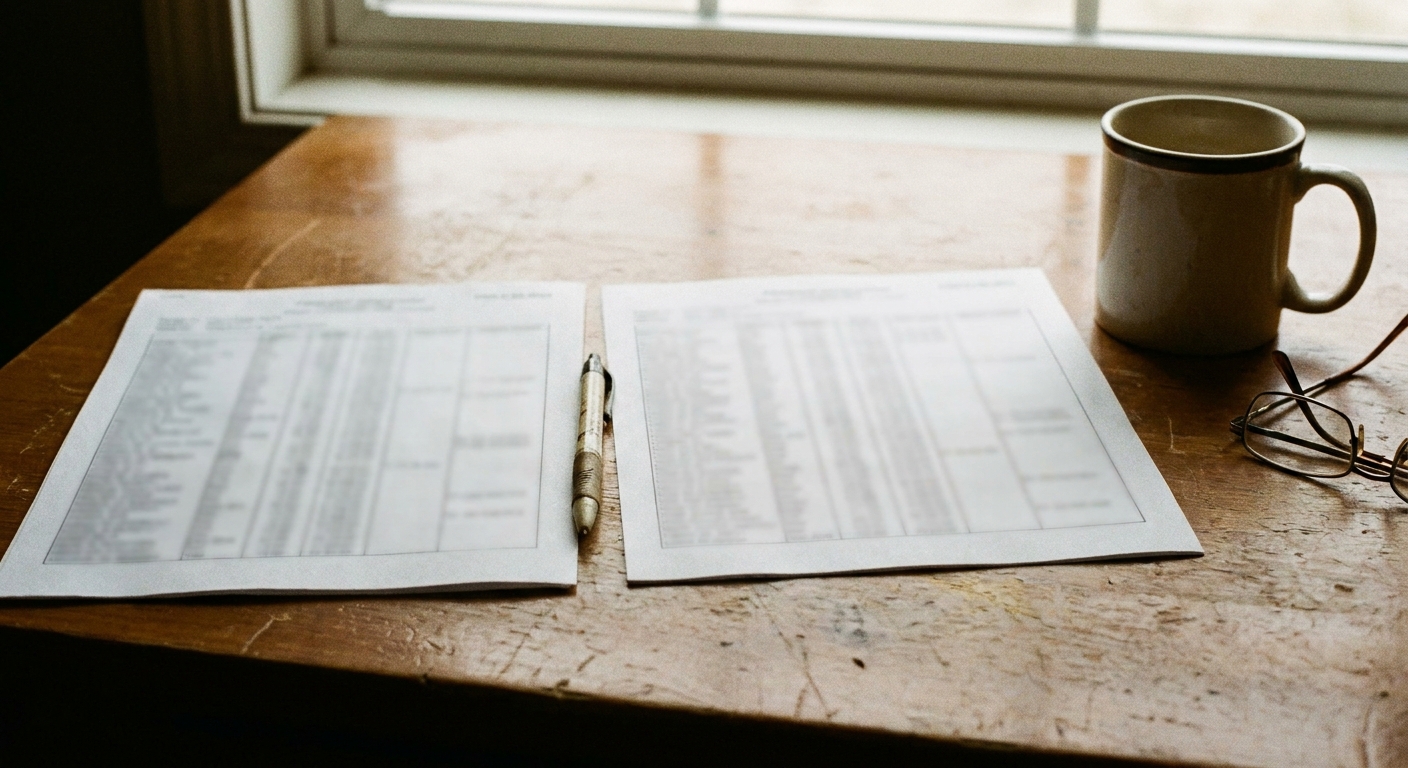 Several sealed competing bid envelopes fanned out on a veterinary practice owner's desk beside a laptop, suggesting multiple buyers at the table at once, candid warm natural light
