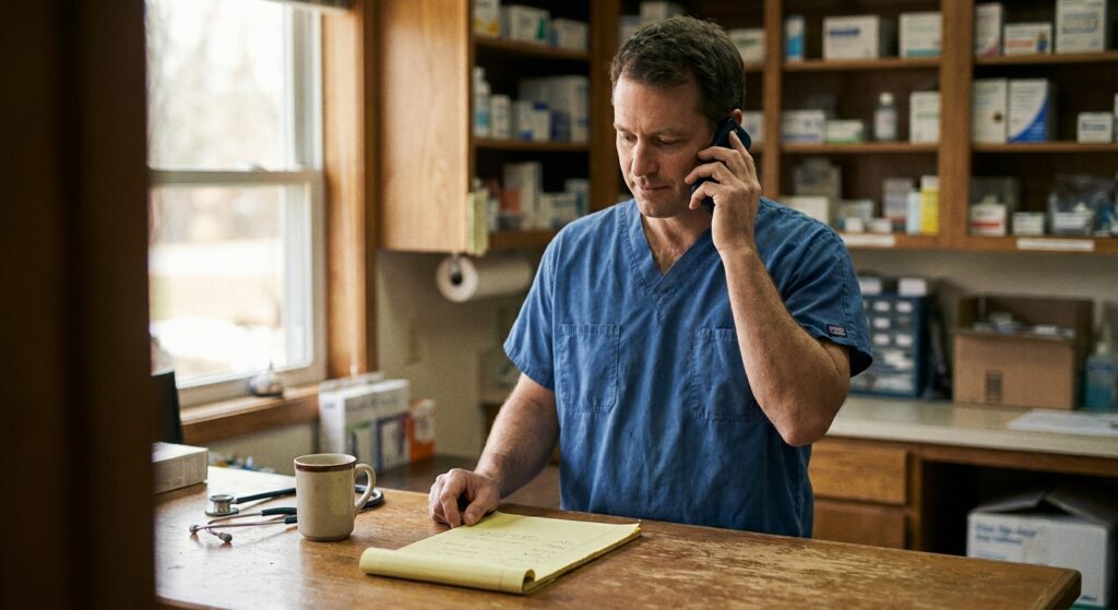 Veterinarian on the phone taking notes while comparing a broker and a sell-side advisor