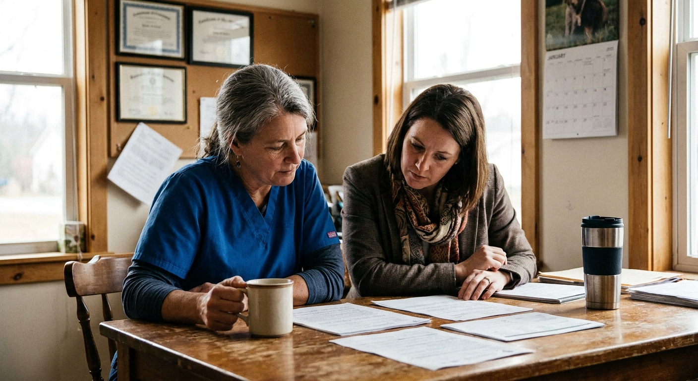Two veterinary practice owners reviewing a printed tax summary document together at a table, one pointing at a figure on the page, natural side light, unposed and candid