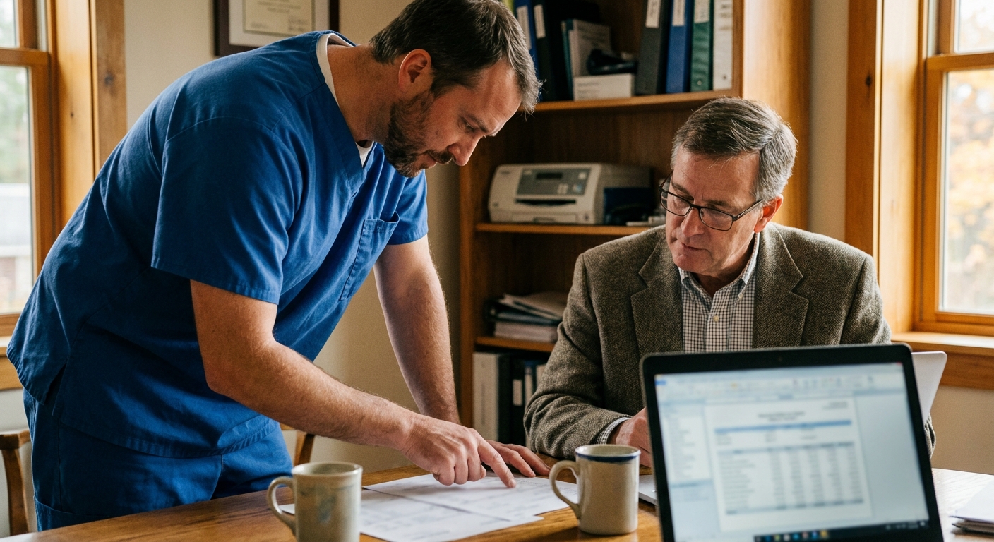 Veterinarian seated at a desk reviewing financial documents with a yellow notepad nearby, looking down and focused, candid natural light, no brand signage visible