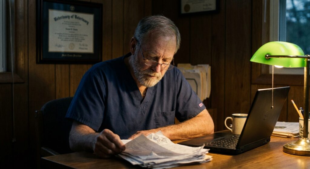 Veterinarian reviewing veterinary practice sale documents