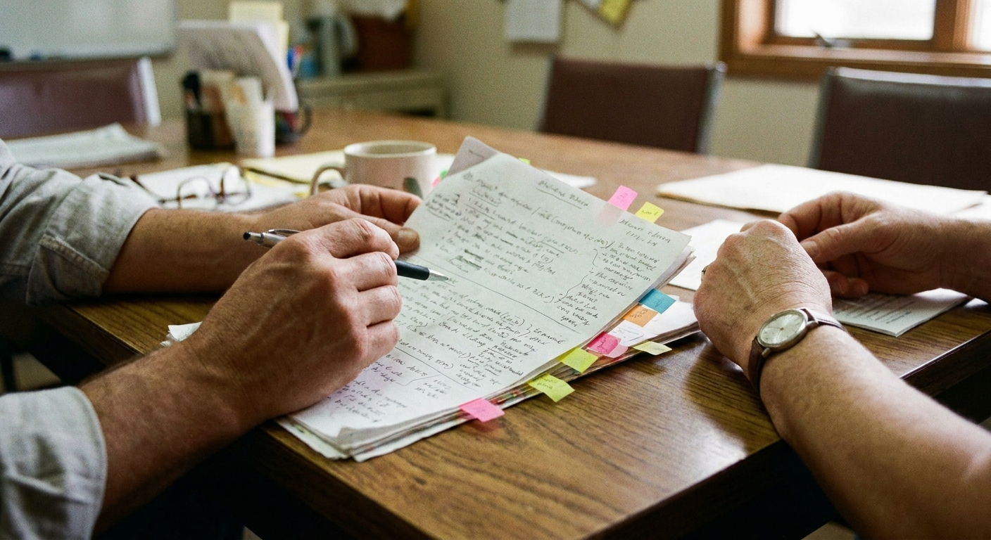 Veterinarian reviewing printed financial documents at a practice desk, looking down at the papers, natural light from a window, quiet office setting