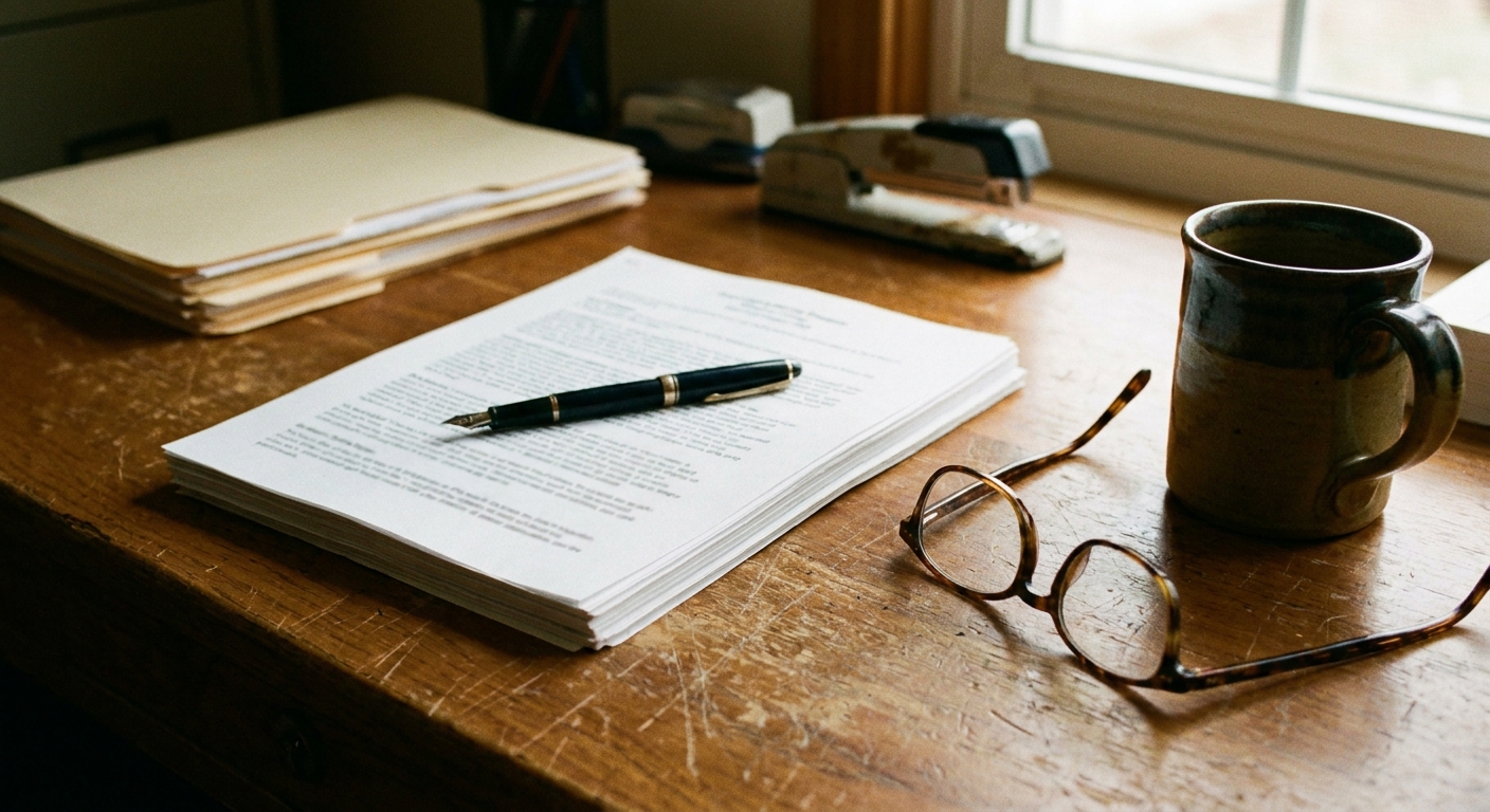 Practice owner and advisor reviewing printed documents at a table, advisor pointing at a financial page, both looking down, warm natural light