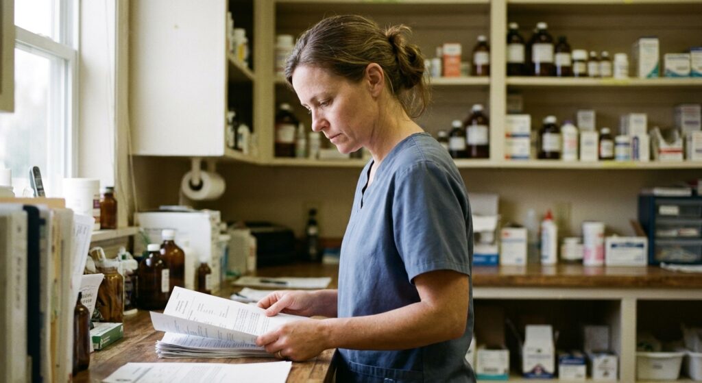 Veterinarian reviewing veterinary practice sale documents