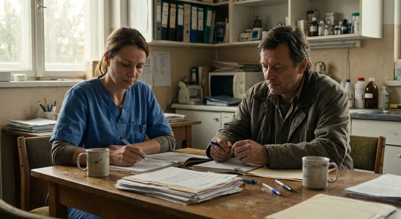 A veterinarian and a sell-side advisor reviewing a printed closing checklist and signing documents at a table, looking down at the pages in natural light